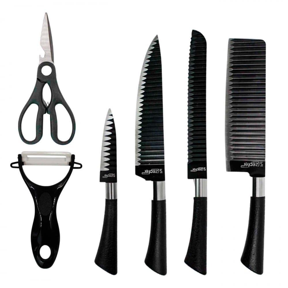 Kit Facas Chef Aço Inox Antiaderente Preto 6 Peças Com Tesoura