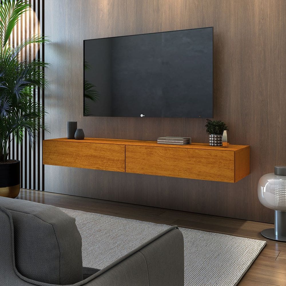 Rack Bancada Suspenso 1,40cm Estilo Contemporâneo Para TV Até 50 Polegadas C/ 2 Gavetas Em MDF