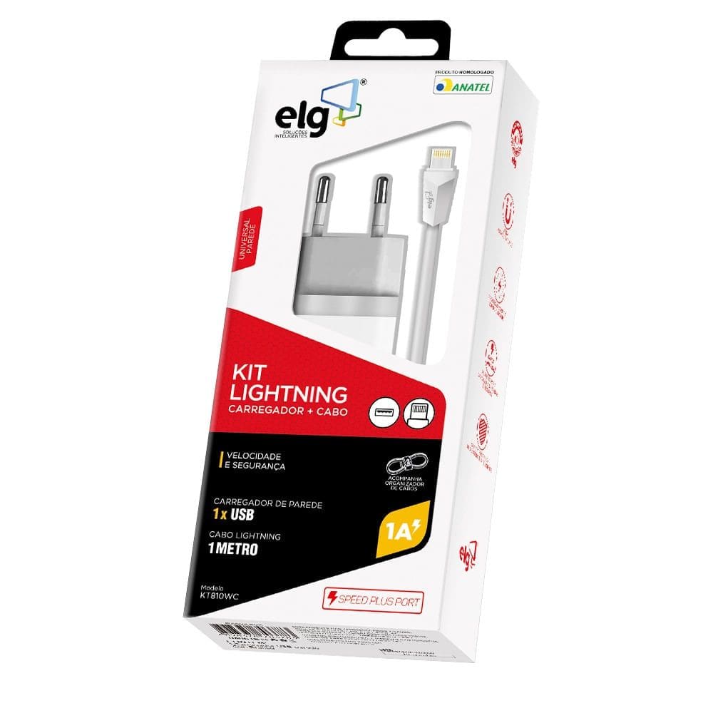 Kit Carregador de Parede Lightning ELG KT810WC Branco 1m