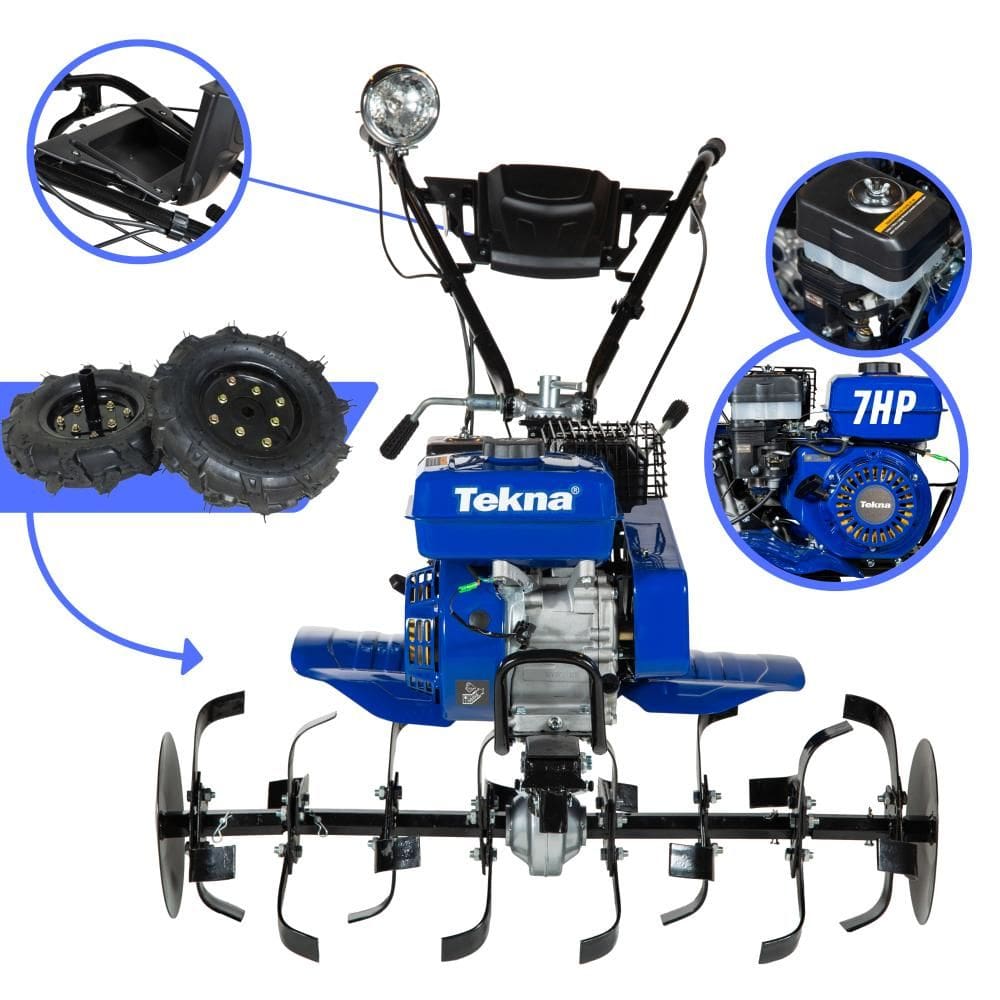 Motocultivador Descompactador Tekna TK-90R À Gasolina 4T 7HP de Potência 212cc Tratorito Tipo Tobata Profissional Com 24 Lâminas Cultivadoras + Rodas