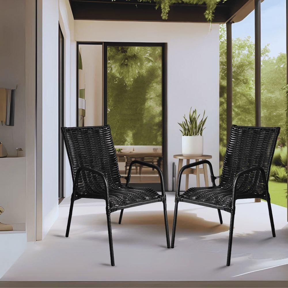 2 Cadeira Varanda Jardim Tropical Junco Fibra Sintética Varanda Lazer Cor:preto