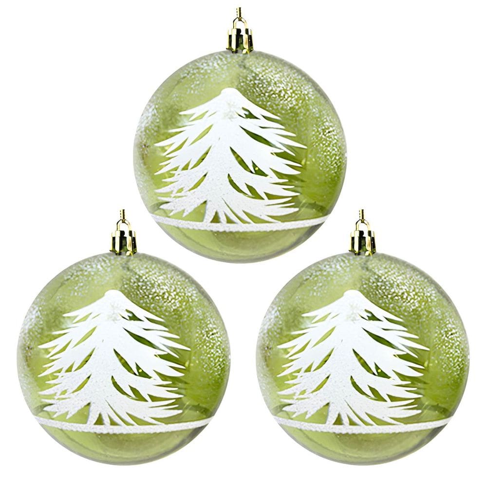 Jogo 3 Bolas Natal Verde Decorada Translúcida Pinheiro Nevado 10cm - Magizi