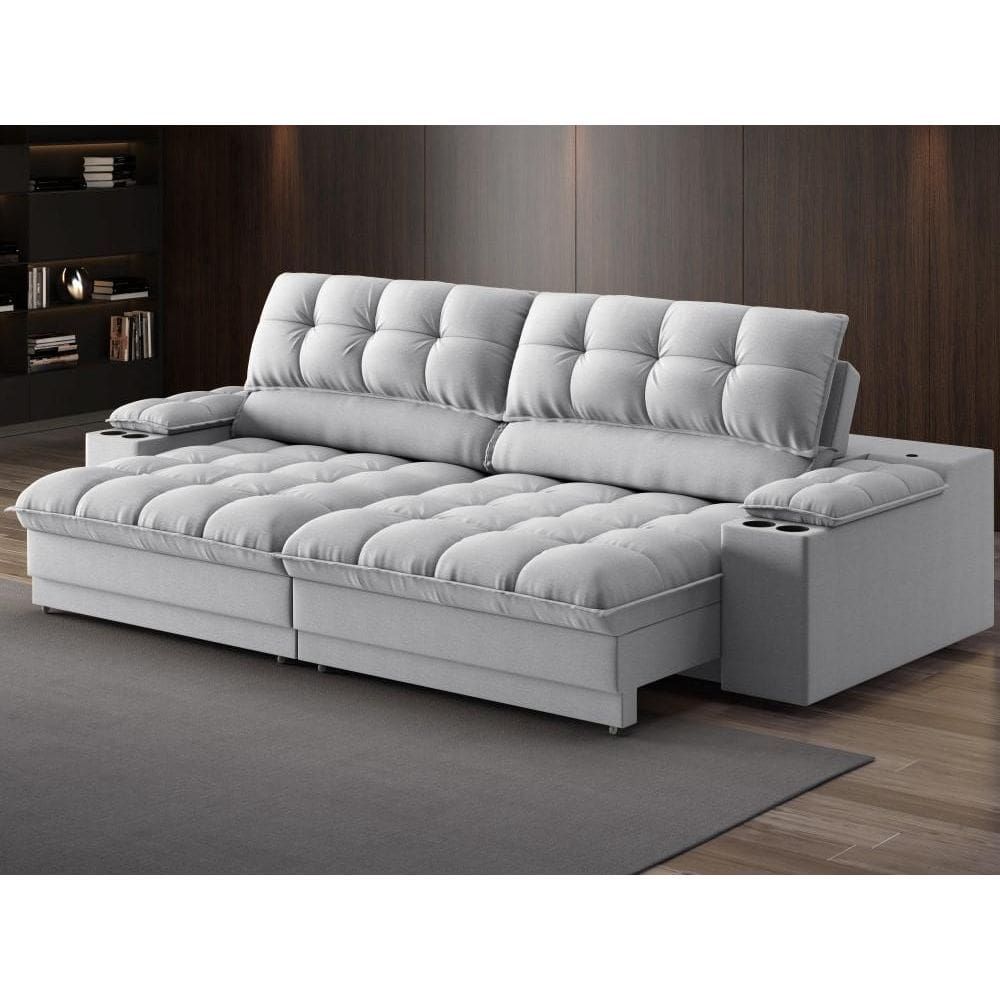 Sofá com Porta Copos e Carregador USB Ret Rec Luke 2,90m Linho Soft - NETSOFAS