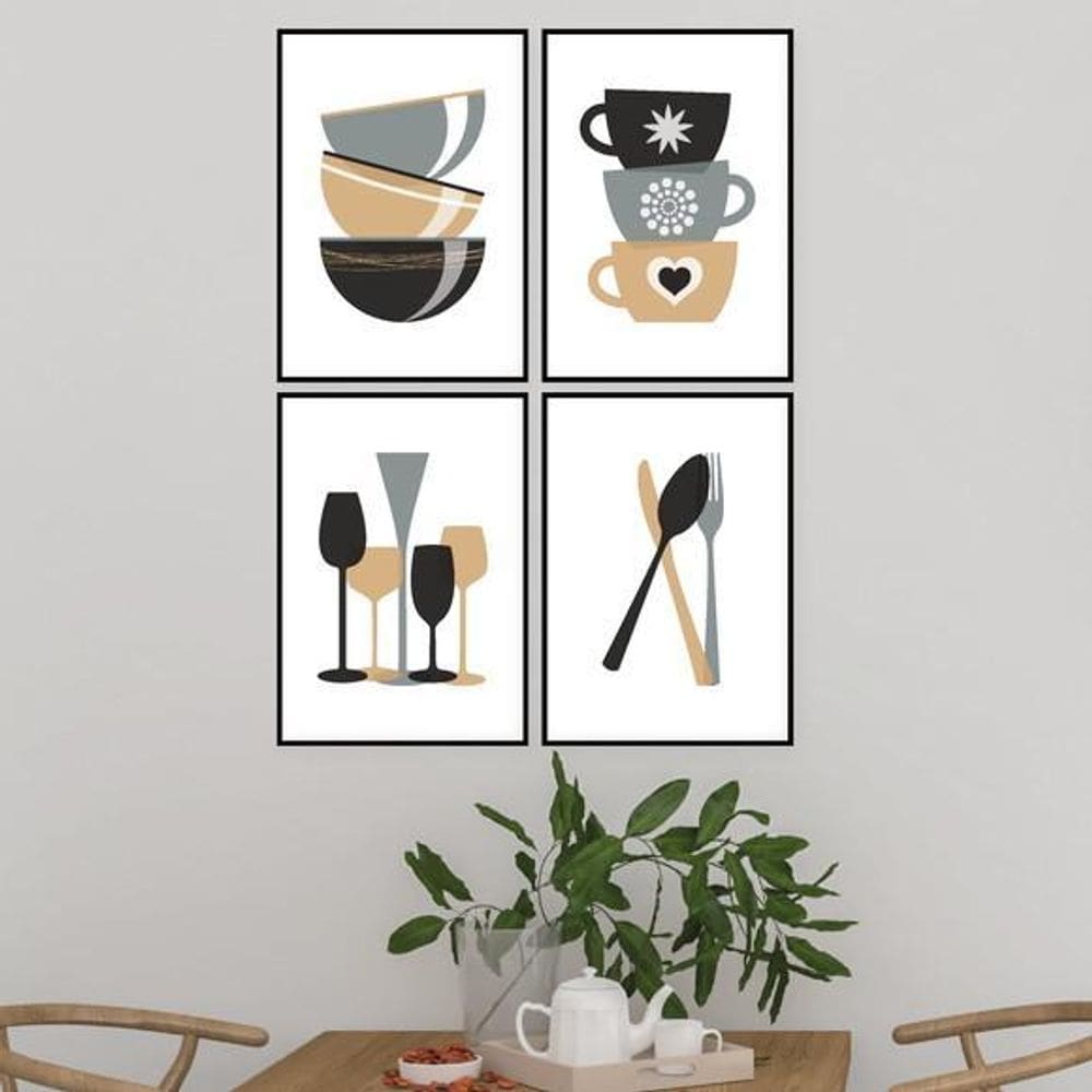 Kit 4 Quadros Cozinha Cinza E Marrom 45X34 C/Vidro - Preta