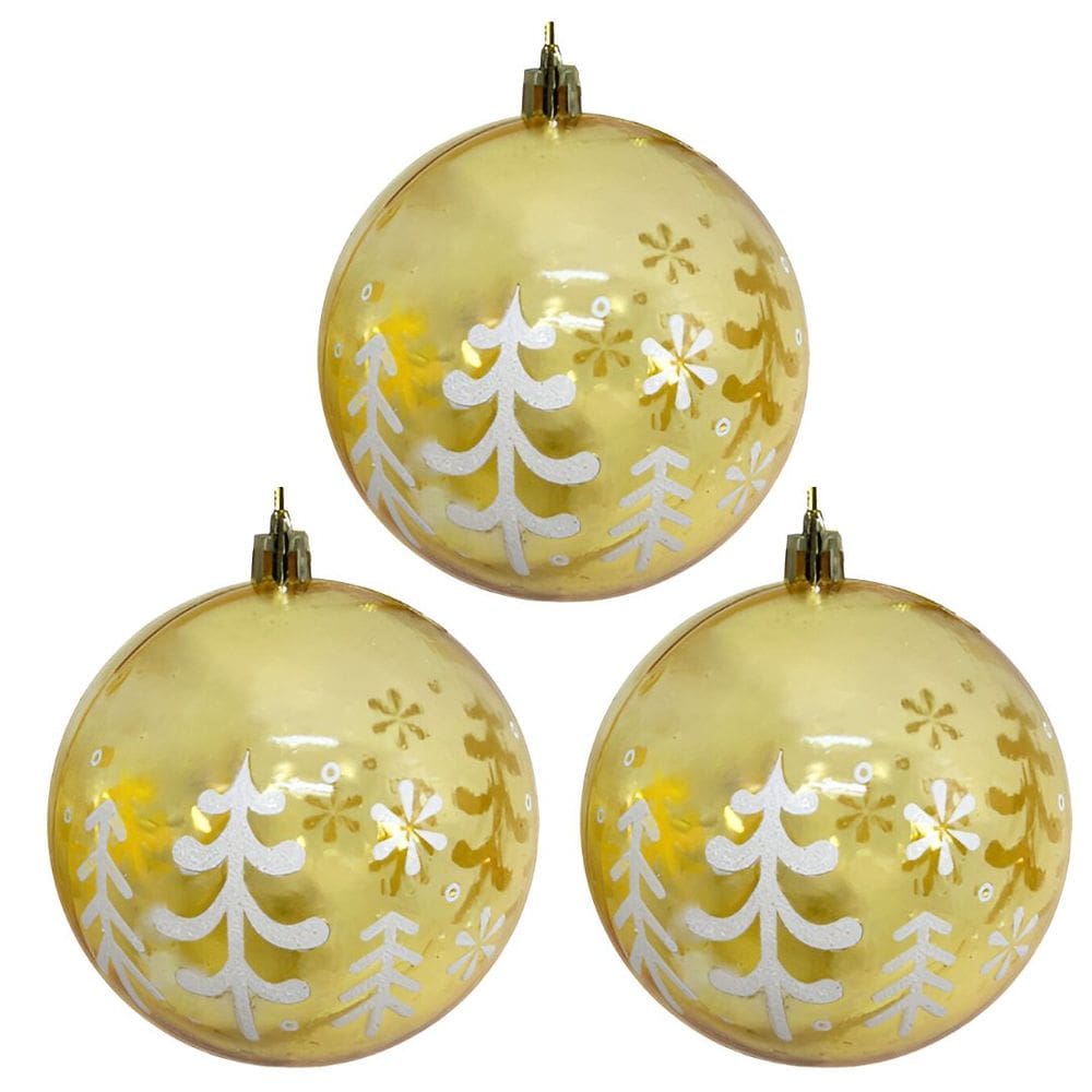 Kit 3 Bolas de Natal Decorada Print Mix Dourada Translúcida Luxo 10cm - Magizi