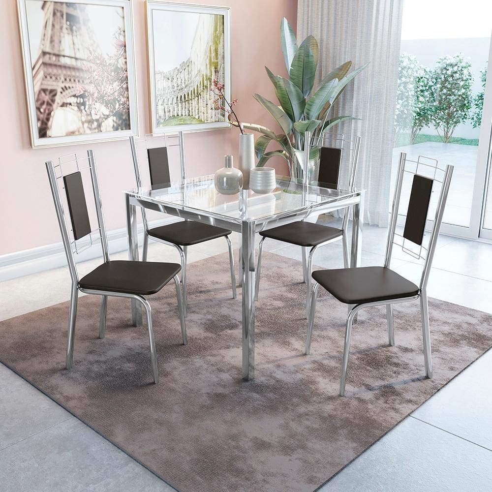 Conjunto Mesa Reno Tampo de Vidro Incolor Com 4 cadeiras Cromada/Preto