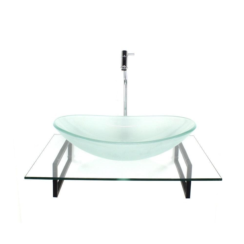 Kit Cuba Vidro Oval Jateada Tampo 60Cm Incolor E Suporte