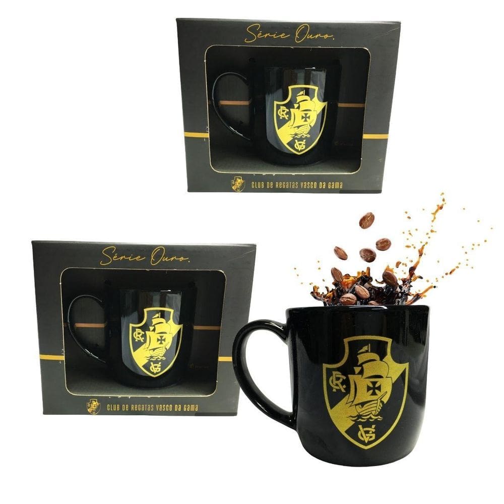 Kit 2 Canecas Preta Xícara Porcelana Urban 300Ml Café Vasco