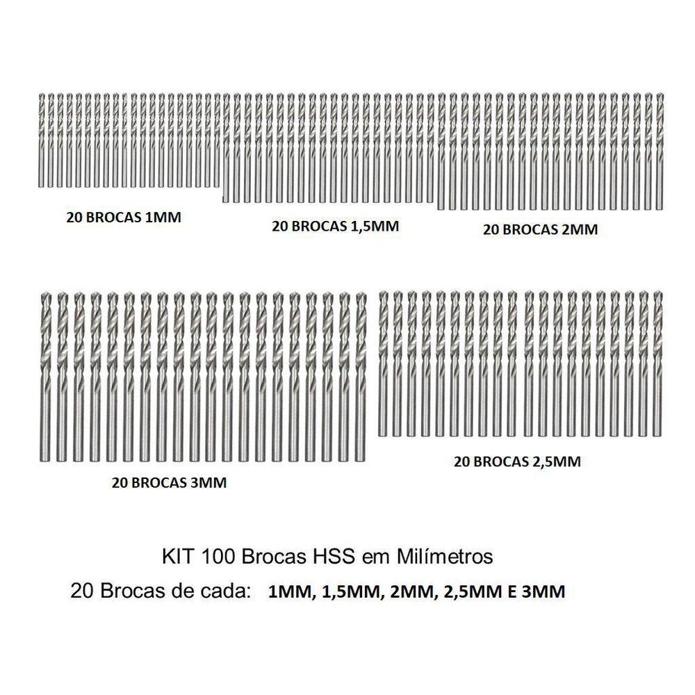 Kit 100 Brocas Aço Rapido 1 Mm A 3 Mm Hss Din338