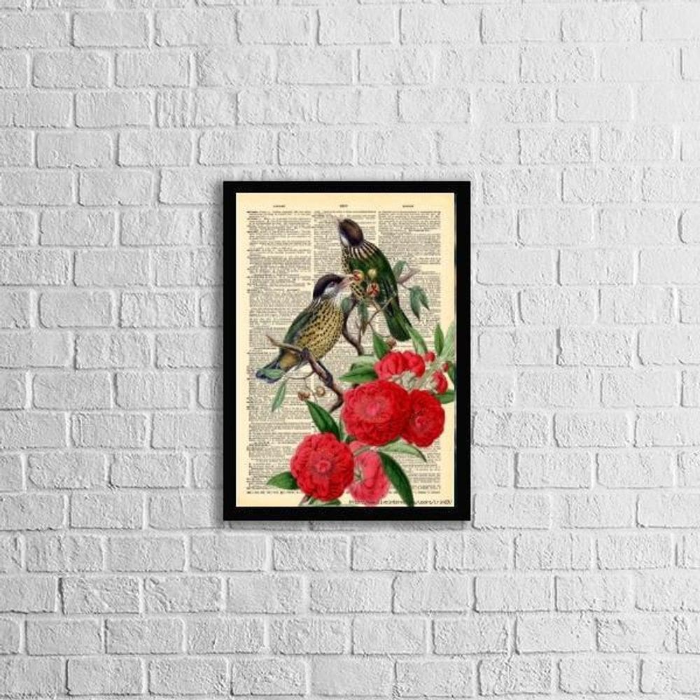 Quadro Decorativo Floral Com Pássaros 33X24Cm Moldura Preta