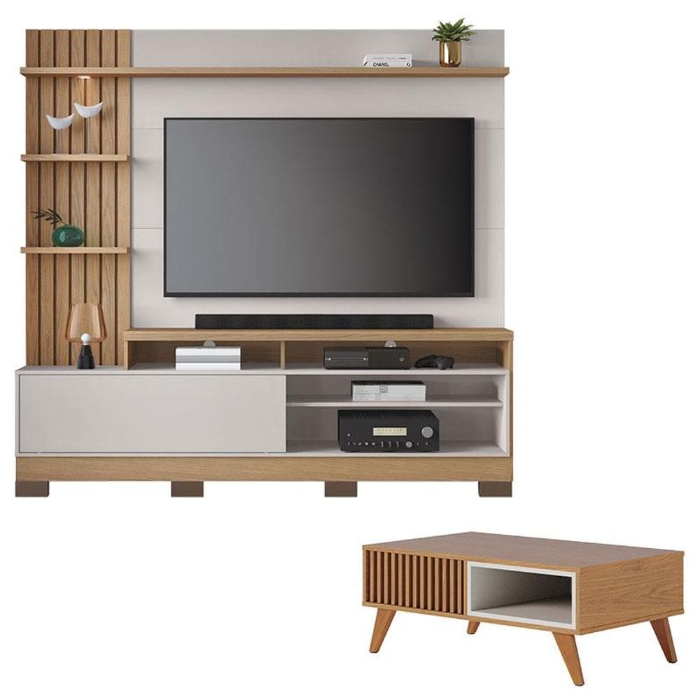 Estante Home Theater Maceió com Pés e Mesa de Centro Jeri Freijó Off White - Colibri