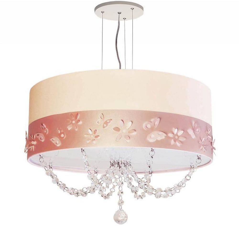 Lustre Infantil Pendente Faixa Flores E Borboletas Crú 50