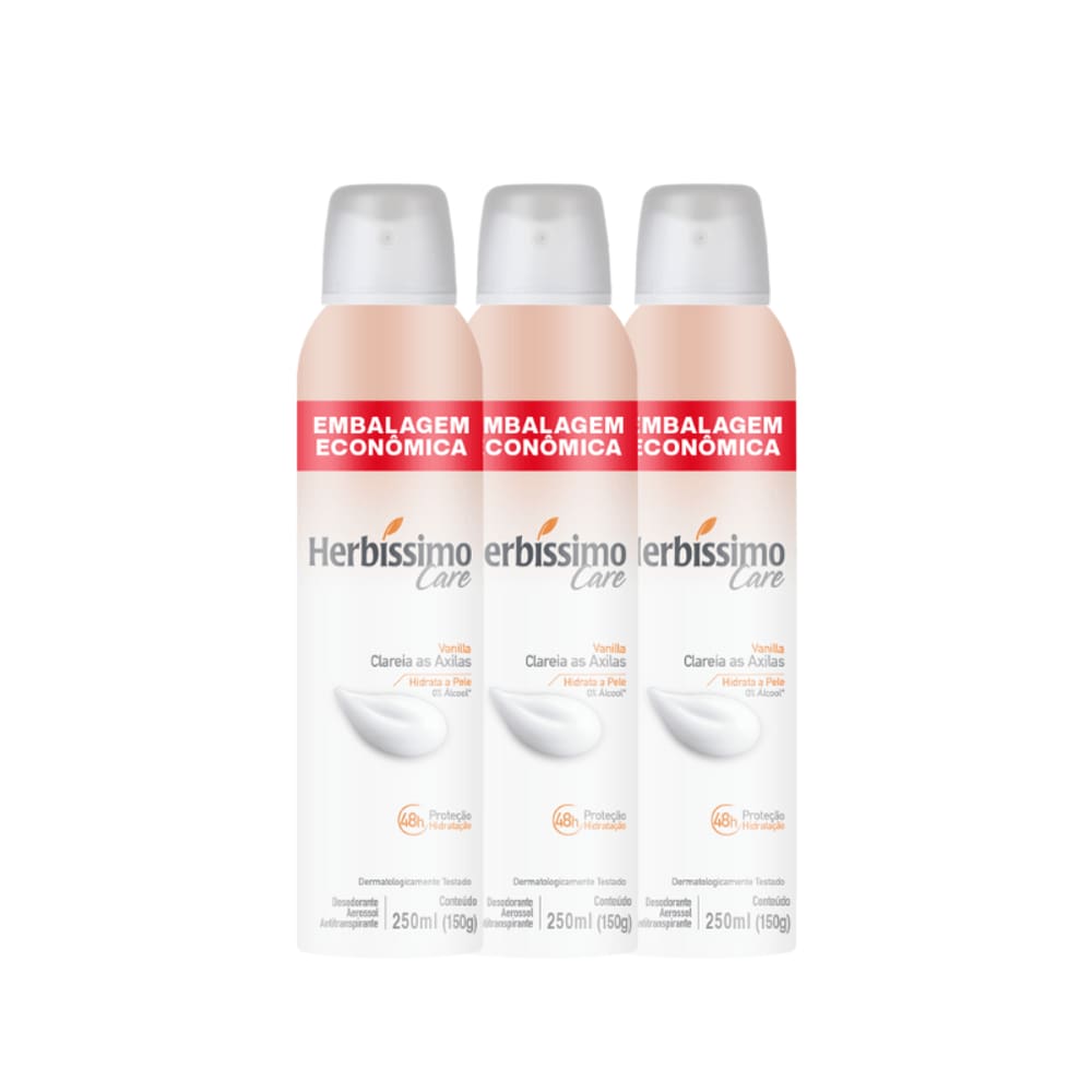 Kit Desodorante Aerossol Antitranspirante Herbíssimo Care Vanilla 250ML - 3 unidades