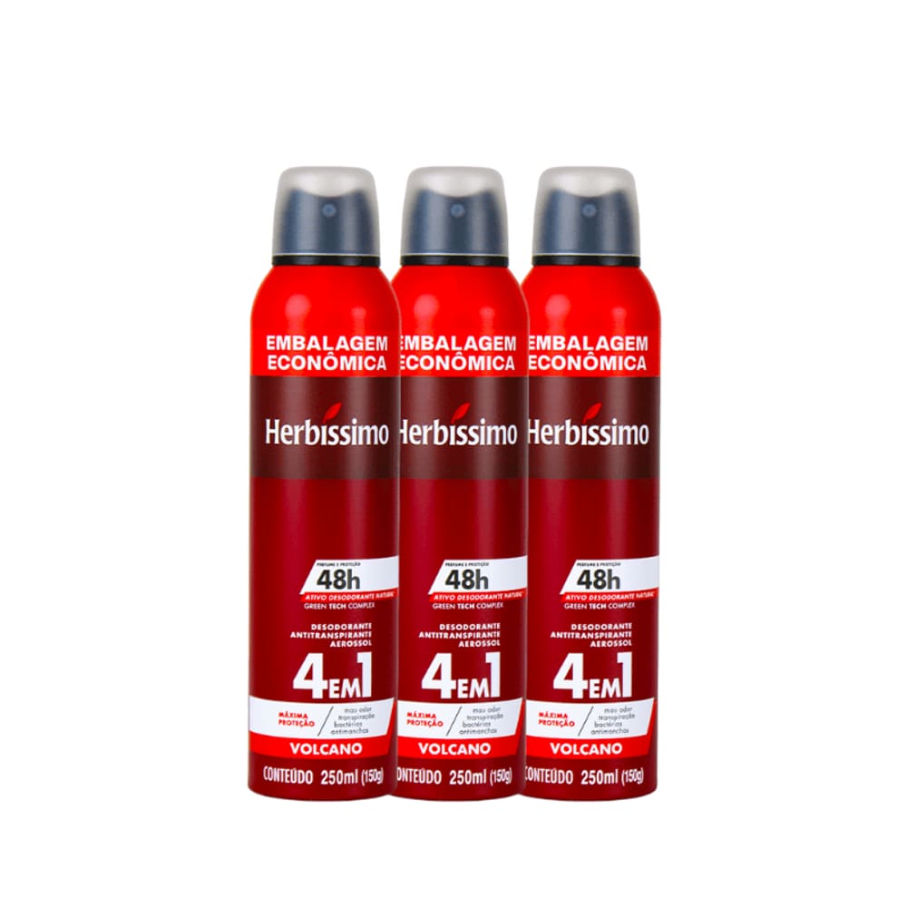 Kit Desodorante Aerosol Antitranspirante Herbíssimo Volcano 250Ml - 3 unidades