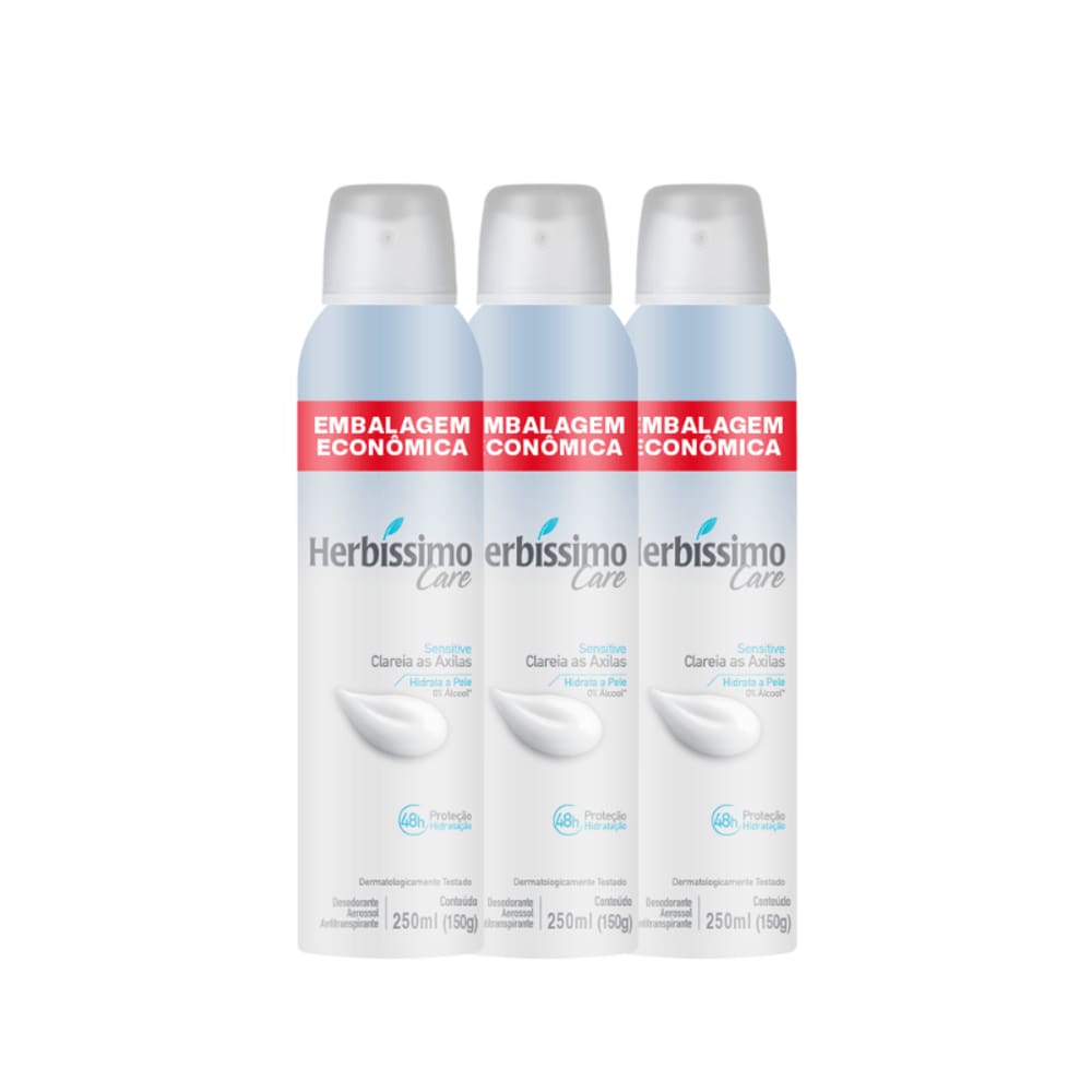 Kit Desodorante Aerossol Antitranspirante Herbíssimo Care Sensitive 250ML - 3 unidades