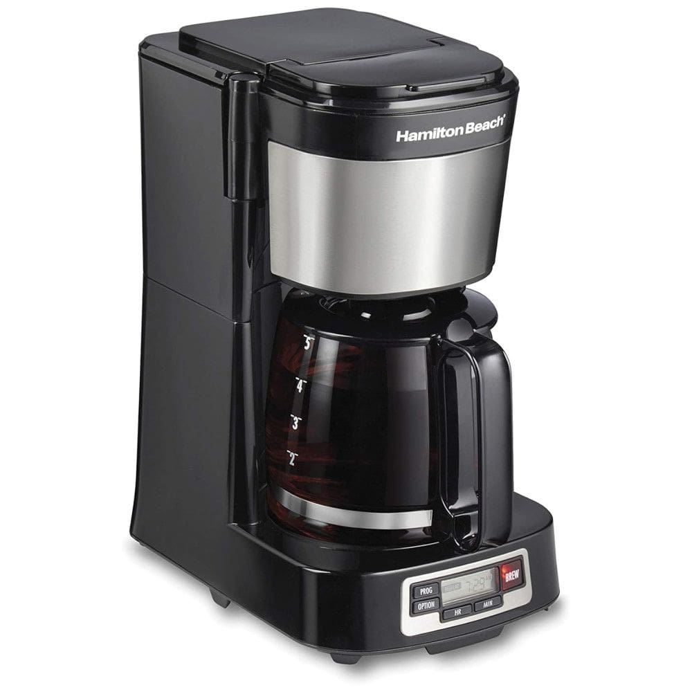 Máquina de Café Hamilton Beach 5 Xícaras com Cesta FrontFill, Design Compacto, Relógio Programável, Jarra de Vidro, Pausa Automática