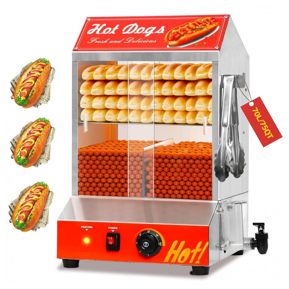 Steamer de Cachorro-Quente, Cabana de Aço Inoxidável com 2 Prateleiras para Cachorro-Quente e Aquecedor de Pão, Controle de