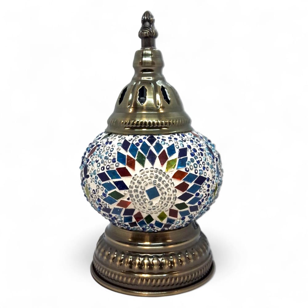 Abajur Turco Mosaico Metal Vidro Azul e Branco Bivolt 22 cm
