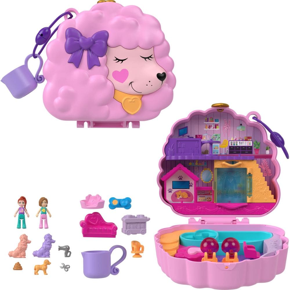 Conjunto de brinquedos compacto Polly Groom e Glam Poodle com bonecas