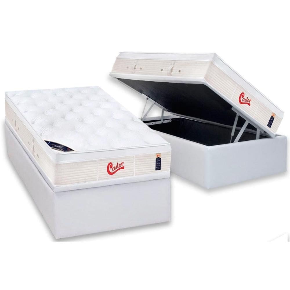 Cama Box Baú Solteiro: Colchão Molas Ensacadas Castor Gold Star Vitagel + Base CRC Courano White (88x188)