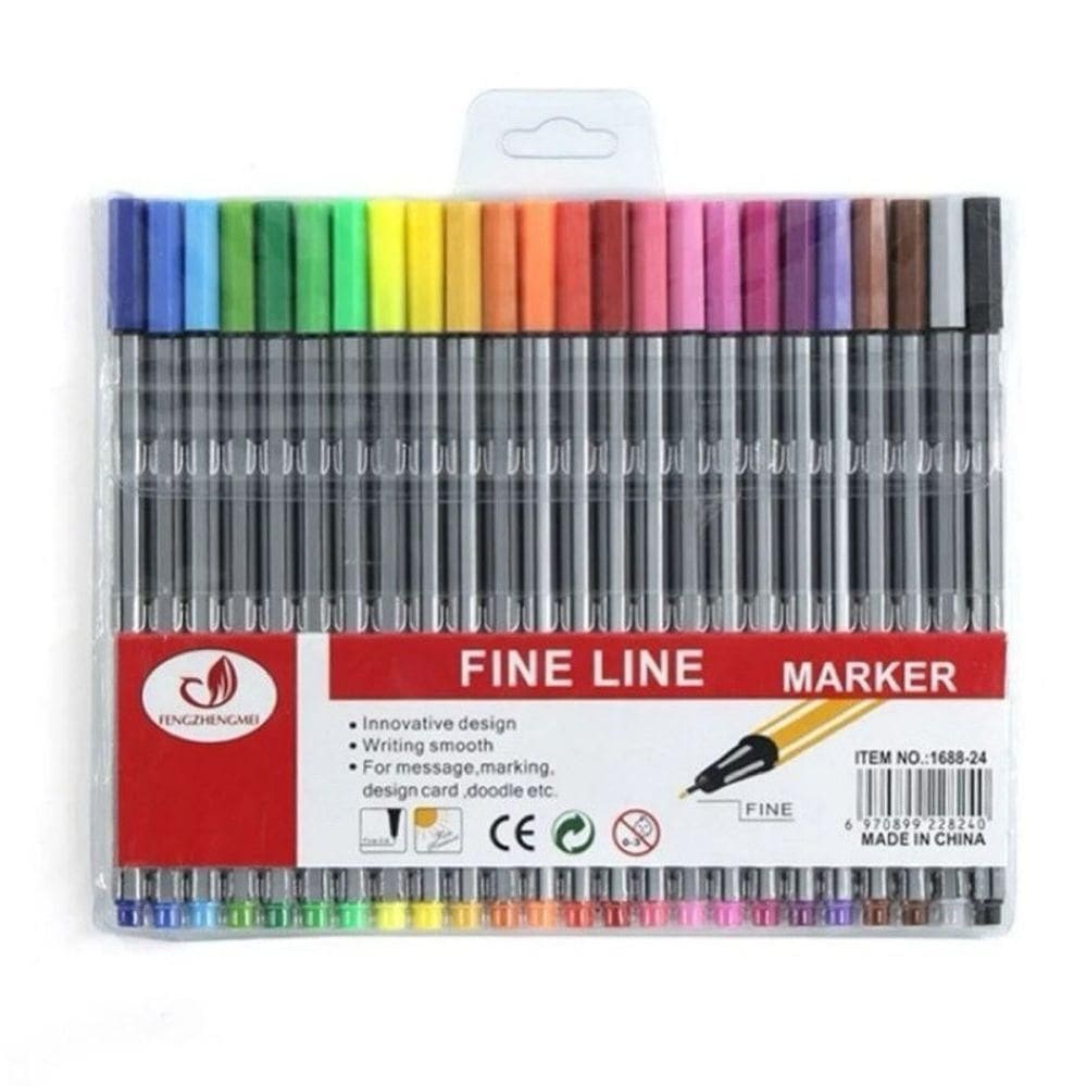 Kit Com 24 Canetas Coloridas Fine Line Ponta Fina 0.4 Mm Corpo Da Caneta Cinza