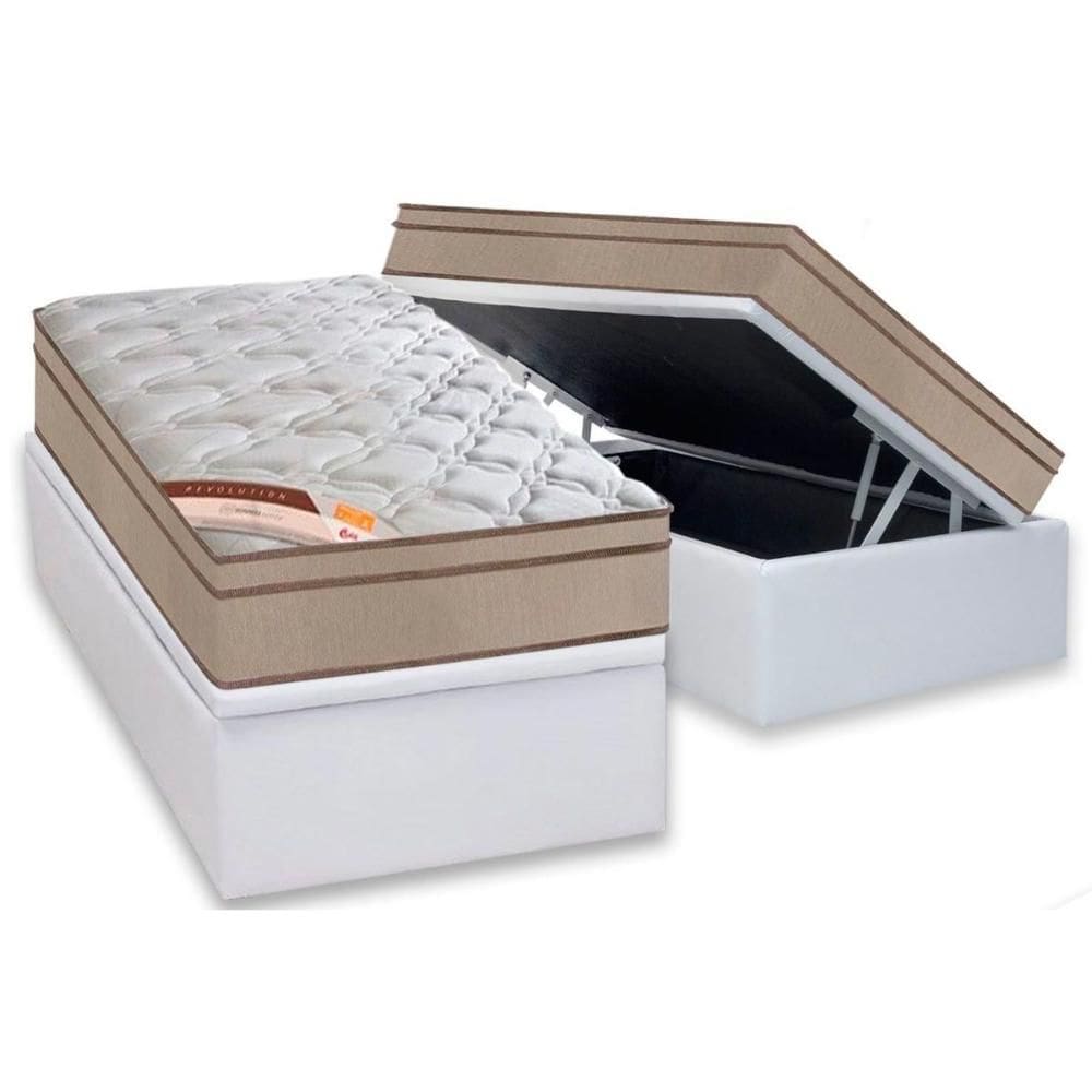 Cama Box Baú Solteiro: Colchão Molas  Ensacadas Castor Revolution Híbrido + Base CRC Courano White (88x188)