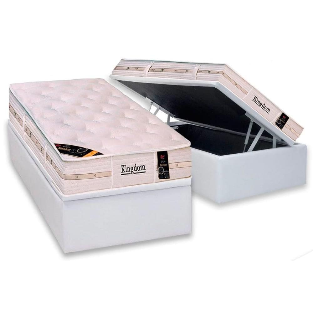 Cama Box Baú Solteiro: Colchão Molas Ensacadas Castor Kingdom Aloe Vera + Base CRC Courano White (88x188)