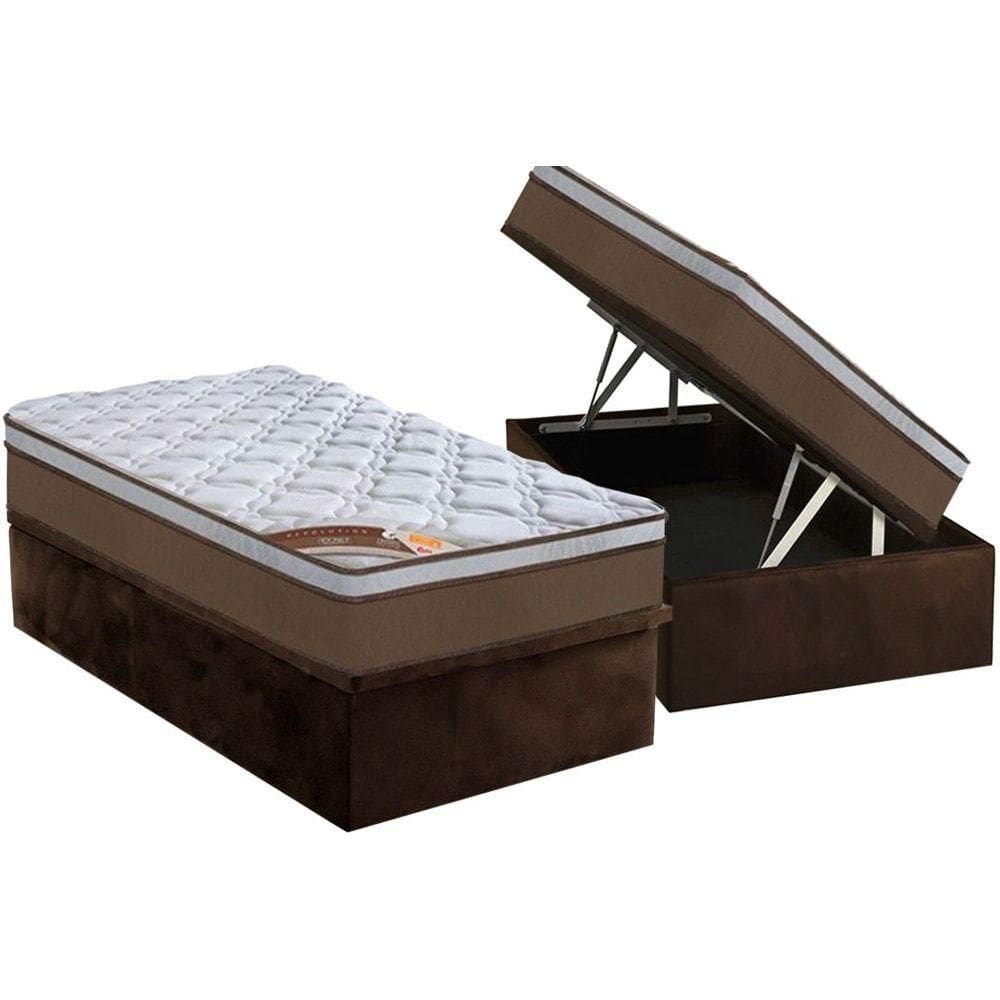Cama Box Baú Solteiro: Colchão Molas Ensacadas Castor Revolution + Base CRC Suede Brown (88x188)