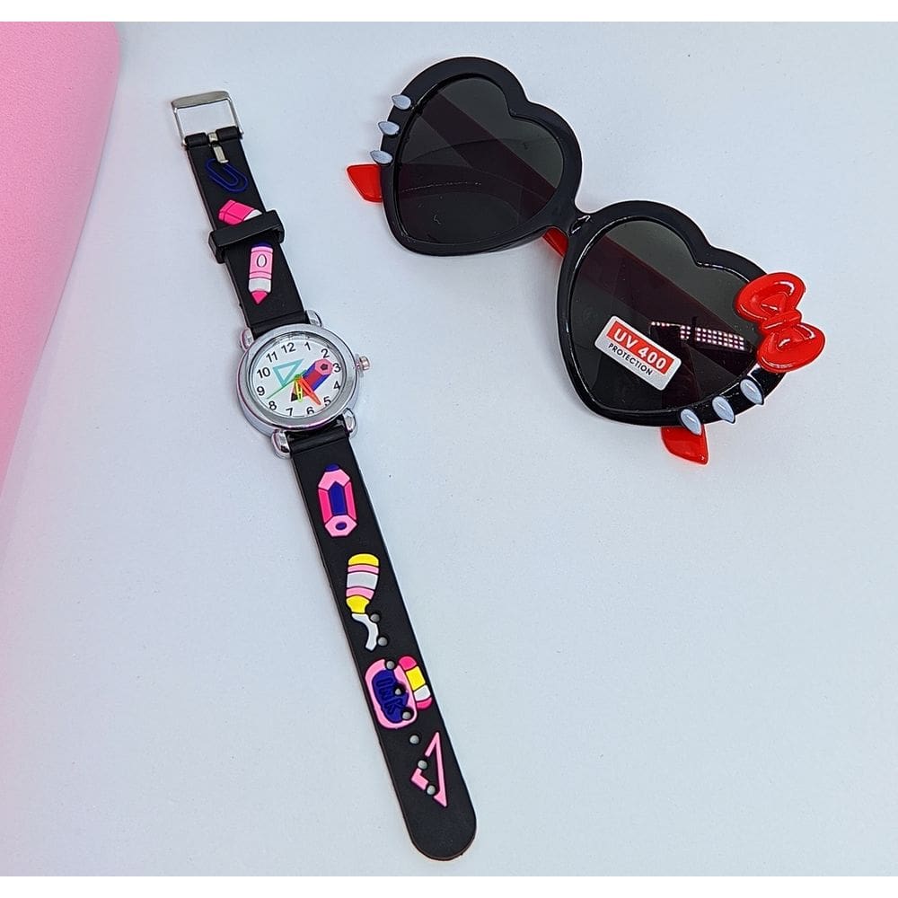 Kit Relógio Infantil Menina Analógico Quartzo Silicone Desenho animados + Óculos de Sol gatinho Coração Laço Hello kitty