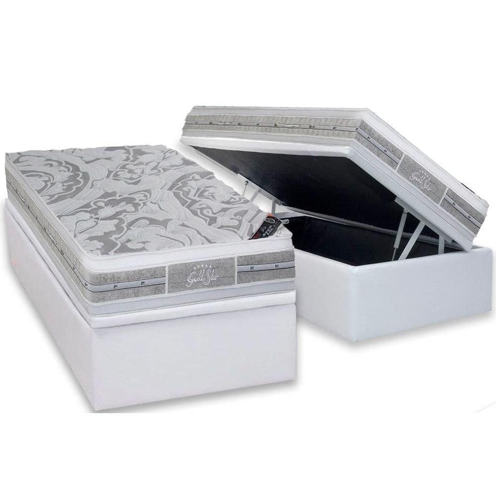 Cama Box Baú Solteiro: Colchão Molas Ensacadas Castor Super Luxo Látex Plush + Base CRC Courano White (88x188)