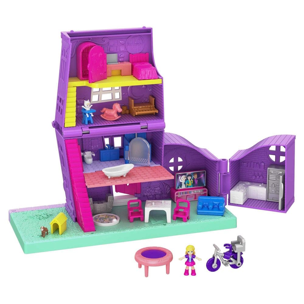 Conjunto de brinquedos Polly Doll House com microboneca, bicicleta e acessórios.