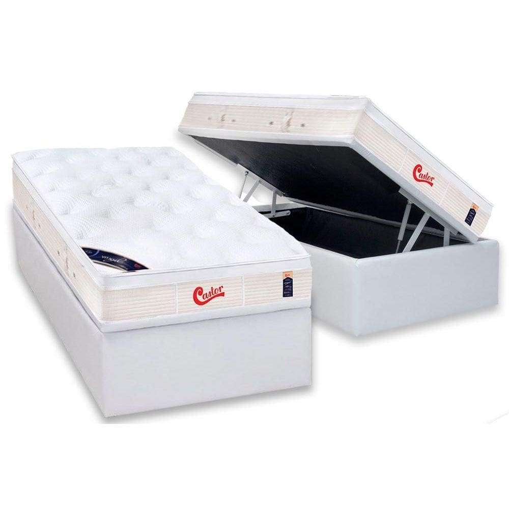 Cama Box Baú Solteiro: Colchão Molas Ensacadas Castor Gold Star Vitagel + Base CRC Courano White (88x188)
