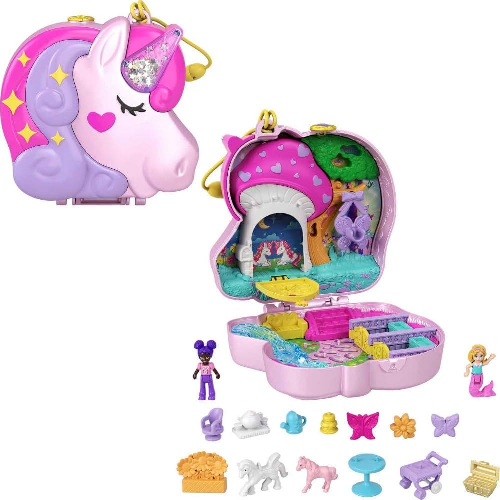 Conjunto de brinquedos compacto Polly Unicorn Tea Party com 2 bonecas