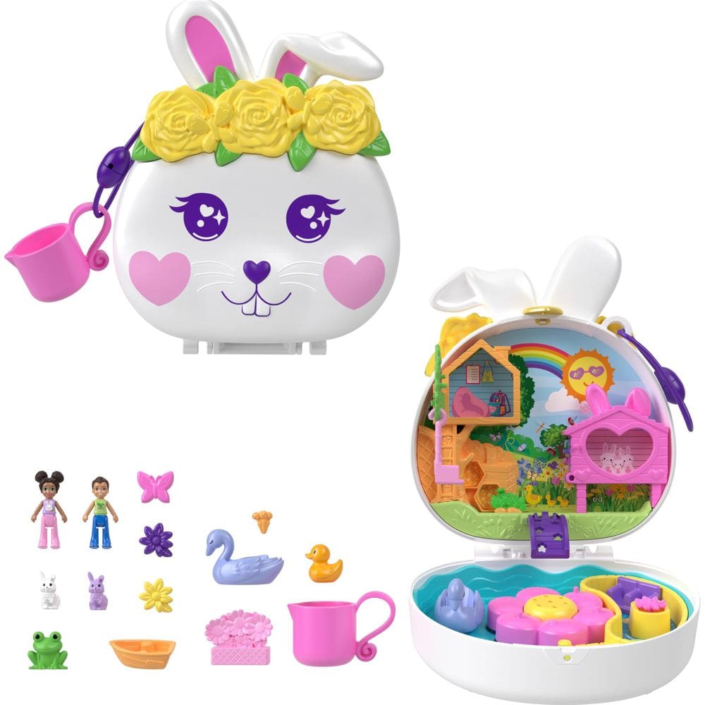 Conjunto de brinquedos Polly Flower Garden Bunny com 2 microbonecas
