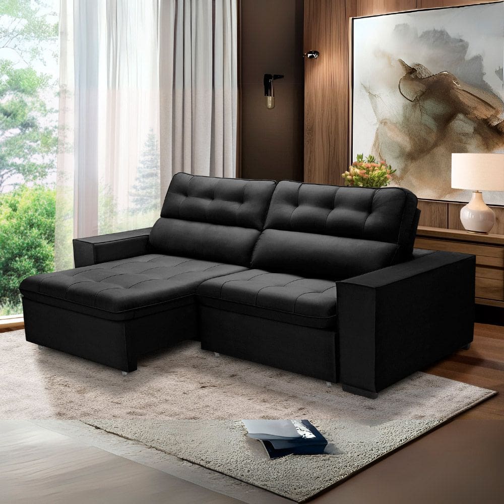 Sofa Retratil Reclinavel 2 Lugares 2,70 Vitória Veludo Preto LansofBr
