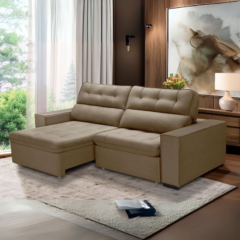 Sofa Retratil Reclinavel 2 Lugares 2,60 Vitória Veludo Capuccino LansofBr