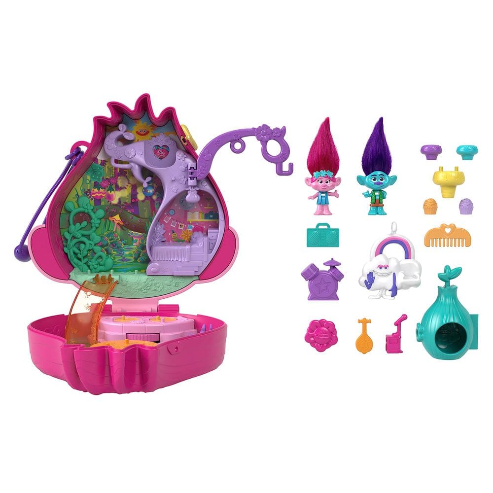 Conjunto de brinquedos compacto Polly Trolls com 2 microbonecas e acessórios