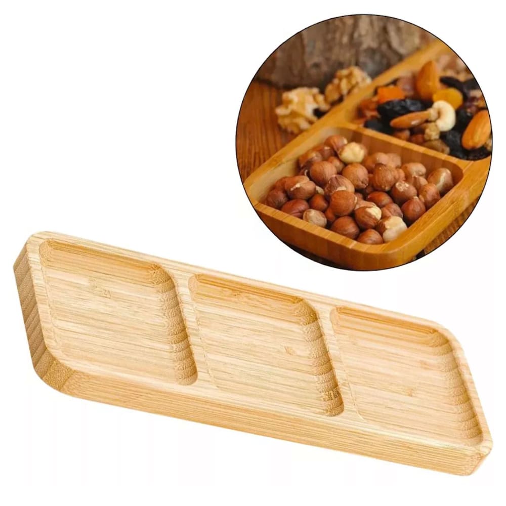Petisqueira Retangular Bambu 3 Divisórias Design Moderno