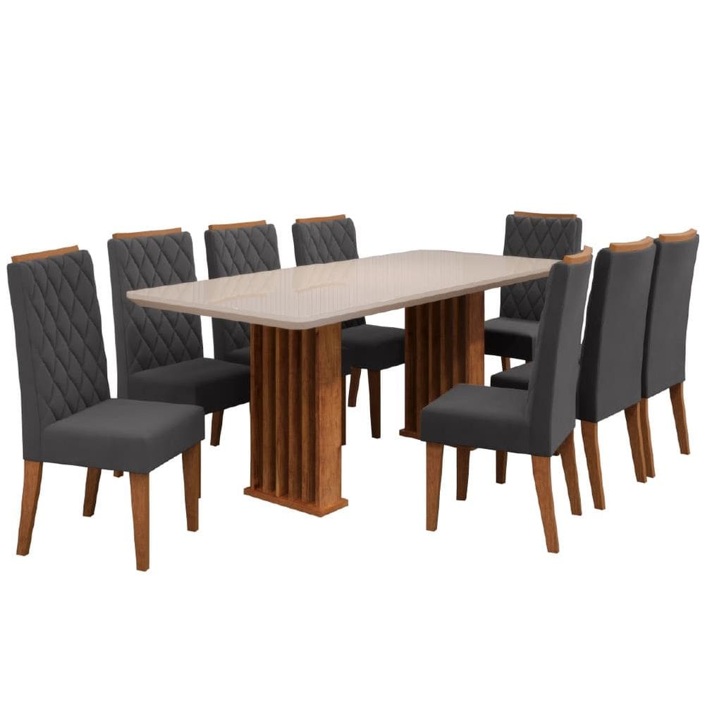 Conjunto de Mesa Sala de Jantar Tampo com Vidro Mond 2m 8 Cadeiras Bele Veludo Viero