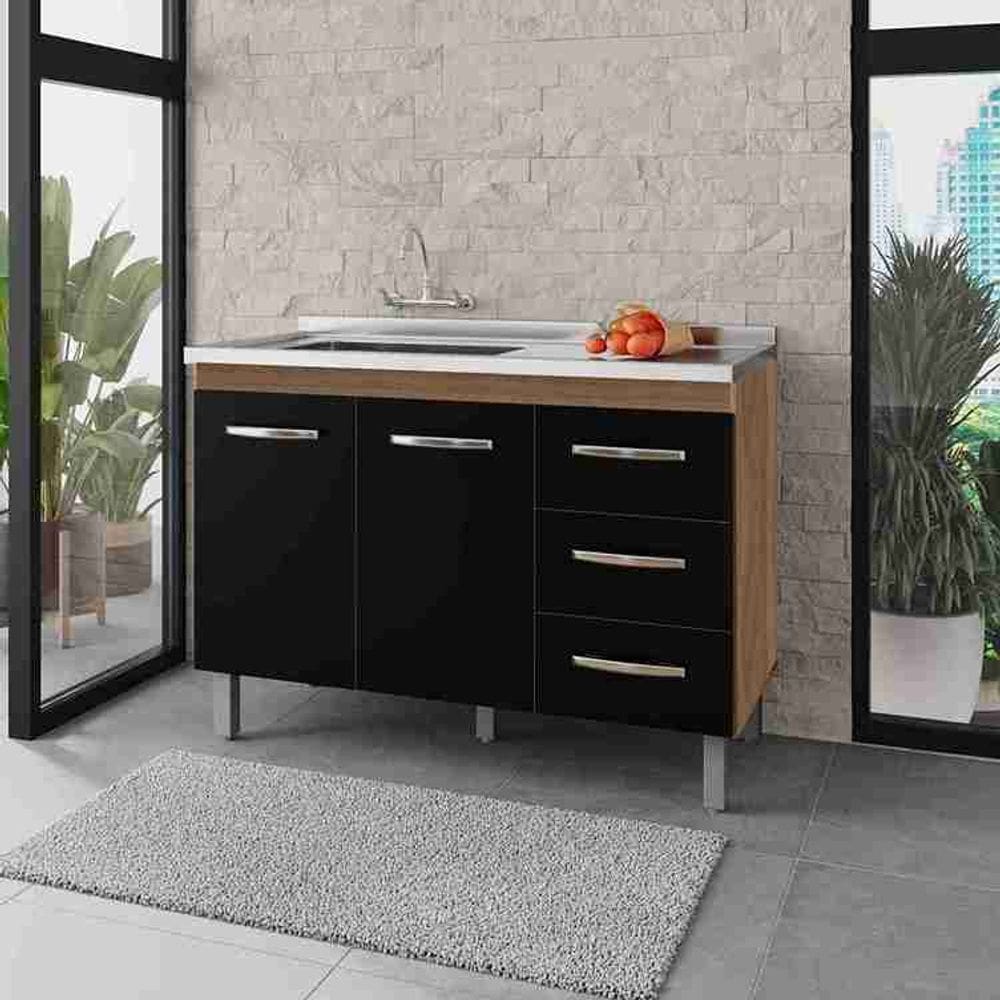 Balcão Para Pia de 120cm Sem Tampo Bianca Savana/Preto