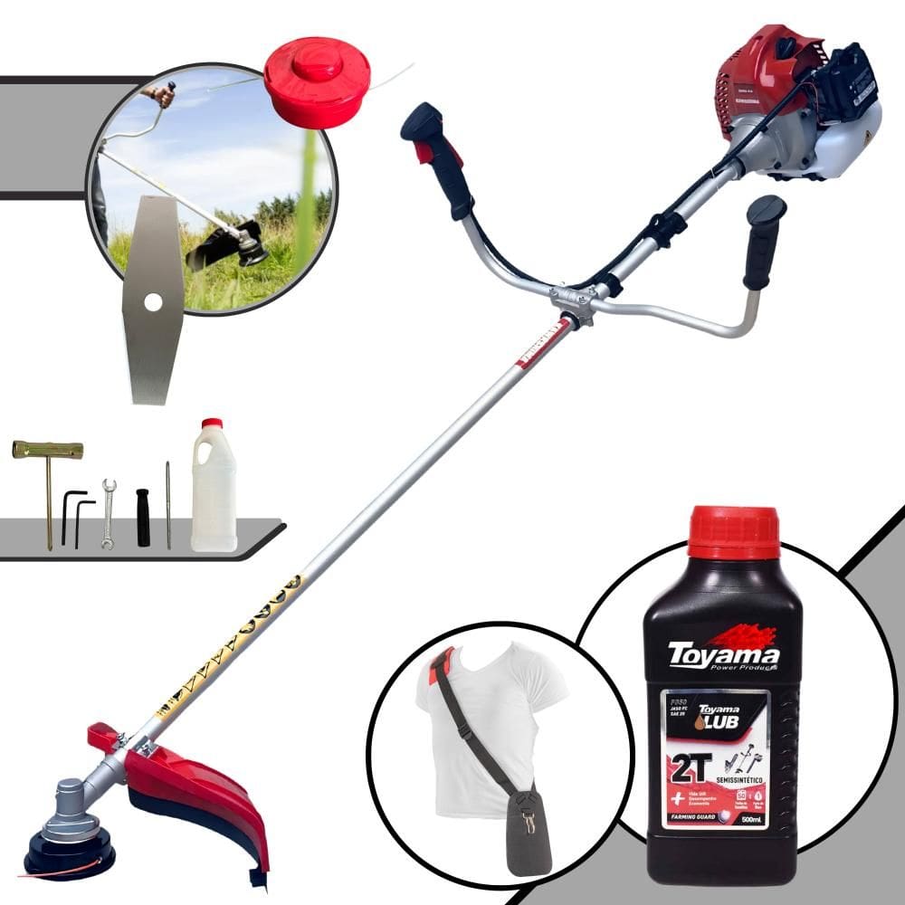 Roçadeira Máquina de Corta Grama Kawashima BCJ620L À Gasolina 62cc 3HP de Potência 10.000rpm + Lâmina Facão + Carretel + ÓLEO TOYAMA 2 Tempos