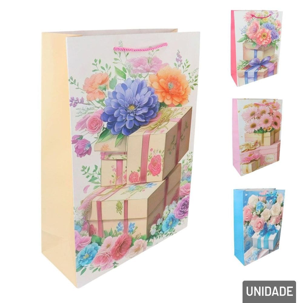 Sacola de Papel 41x30cm Flores Glitter diversas - Tudo em Caixa