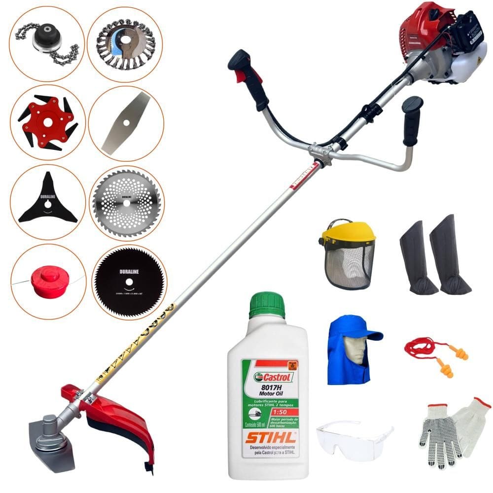Máquina de Cortar Grama Profissional À Gasolina Kawashima BCJ620L 62cc 3HP 10.000rpm Roçadeira Completa Com 8 Opções de Cortes + EPI + ÓLEO STIHL 2T