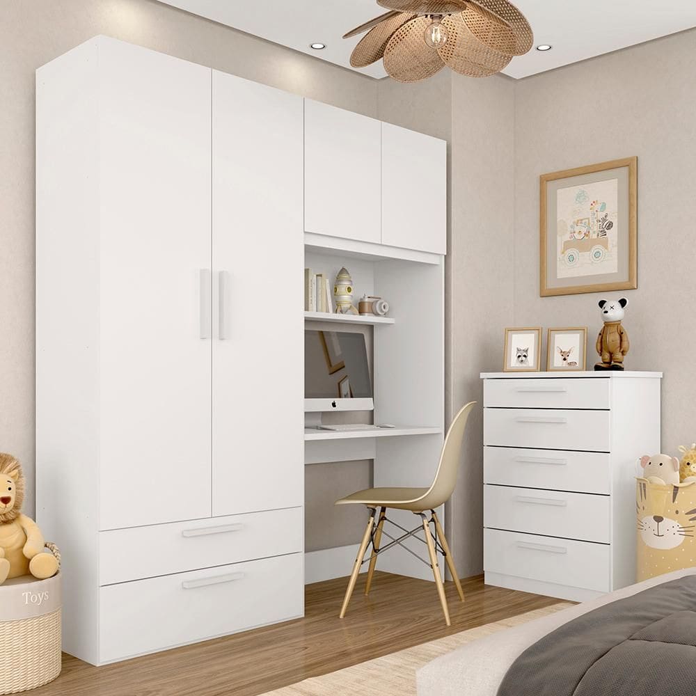 Conjunto Modulado Infantil Joy Com Escrivaninha E Cômoda Branco - M.a