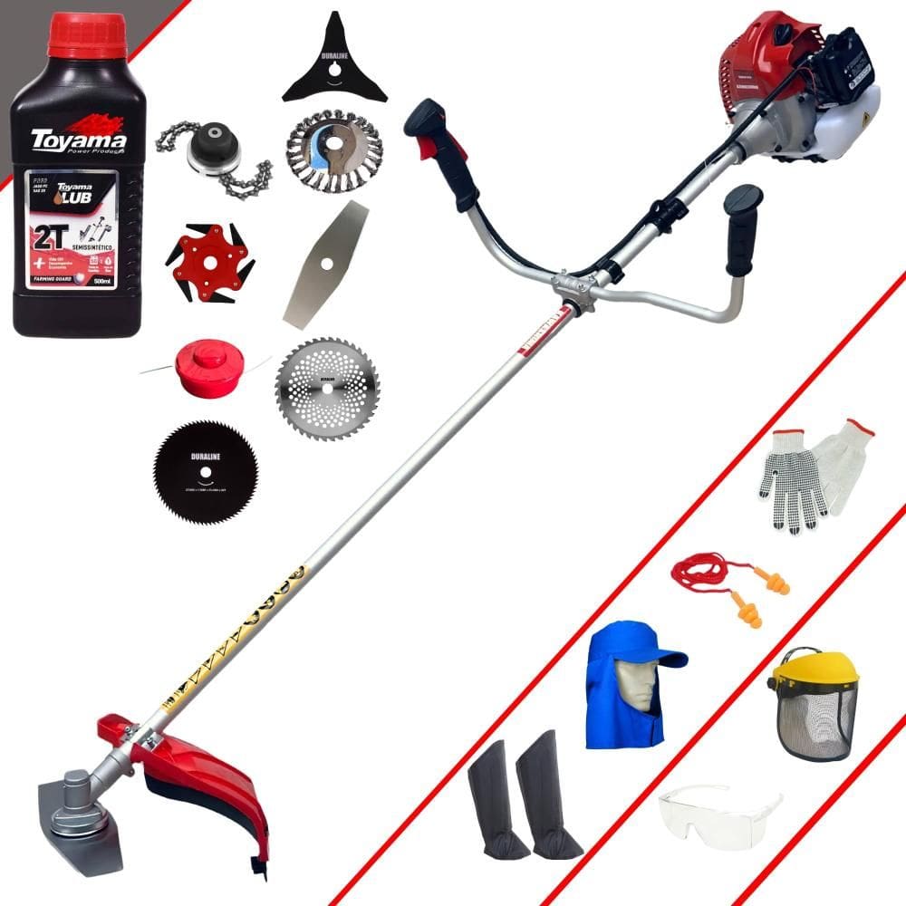 Roçadeira Completa Kawashima BCJ620L À Gasolina 62cc 3HP Alta Rotação Para Todos os Tipos de Trabalhos Com 8 Opções de Cortes + EPI + ÓLEO TOYAMA 2T