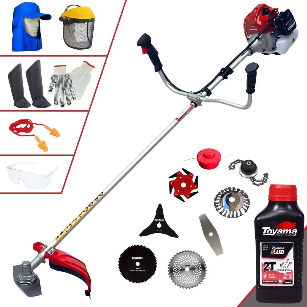 Roçadeira Kawashima BCJ620-L 62cc 3HP + Facas 2 Pontas, 3 Pontas, 6 Pontas, 40 Dentes Vídea, 80 Dentes, Trimmer e Escova de Aço + EPI + ÓLEO TOYAMA