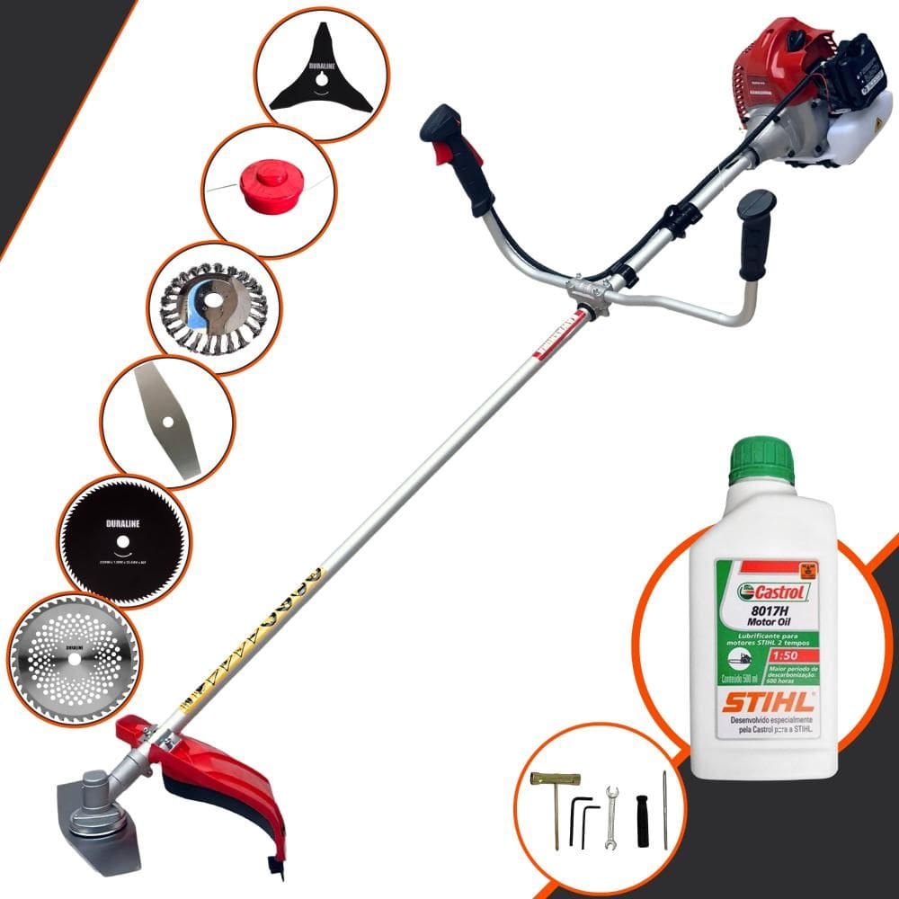 Cortador de Grama À Gasolina Kawashima BCJ620L 62cc 3HP 10.000rpm Roçadeira Lateral 6 Em 1 Com Carretel + Kit 4 Facas + Escova de Aço + ÓLEO STIHL 2T