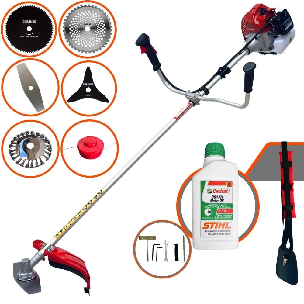 Roçadeira Kawashima BCJ620L 62cc Com Carretel e Lâmina Facão + Lâmina 3 Pontas + Lâmina 40 Dentes + Lâmina 80 Dentes + Escova de Aço + ÓLEO STIHL