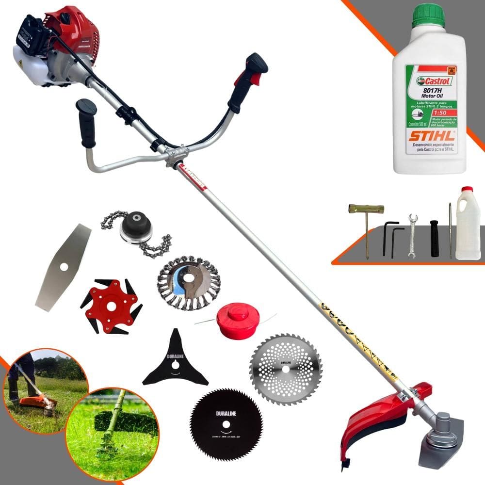 Cortador de Grama Completa À Gasolina Kawashima BCJ620L 62cc 3HP Alta Performance Com Carretel Nylon + Kit 7 Opções de Corte + ÓLEO STIHL 2 Tempos