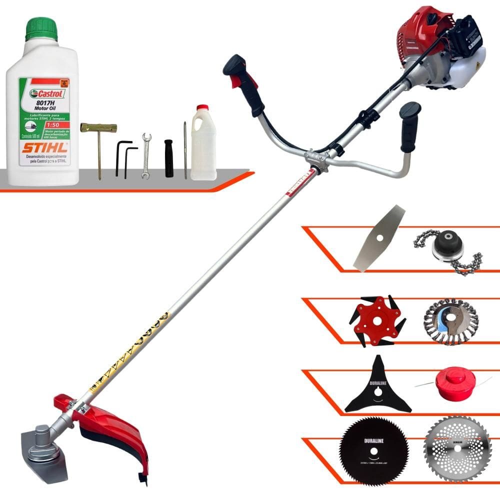 Máquina de Cortar Grama Lateral À Gasolina Kawashima BCJ620L 62cc 3HP de Potência 10.000rpm Roçadeira Completa Com 8 Opções de Cortes + ÓLEO STIHL